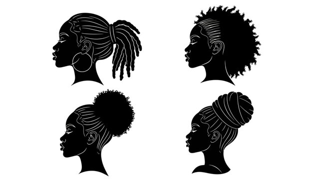 Four black female silhouettes showcasing diverse African hairstyles and profiles.