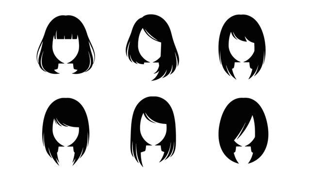 Collection of six diverse black silhouette hairstyles for women, showcasing various lengths and bangs.