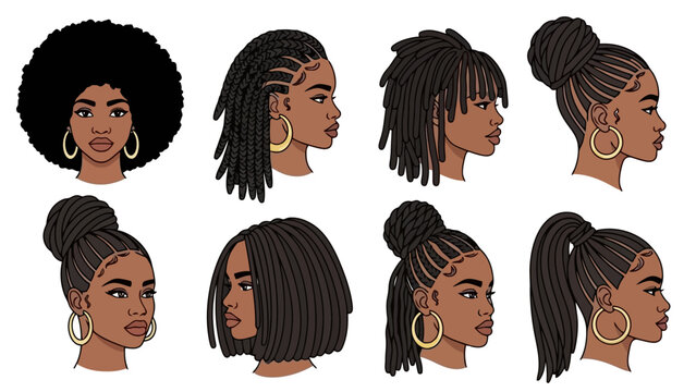 Collection of diverse hairstyles for Black women, showcasing various braiding techniques, updos, and natural hair textures.