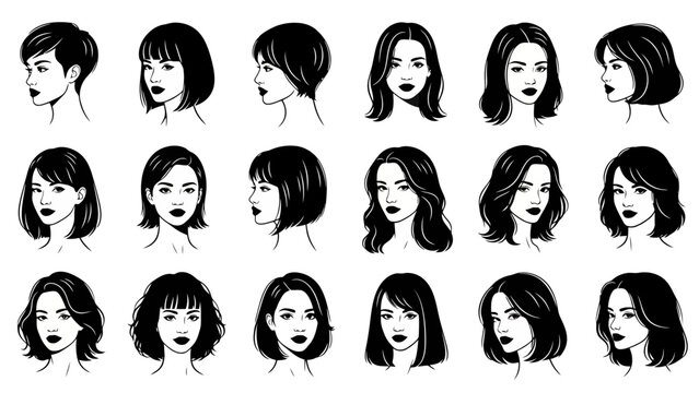 A collection of diverse female hairstyles, showcasing various lengths, cuts, and styles for women.