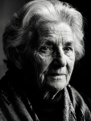 Classic black and white portrait of elder woman with silver hair and deep wrinkles.