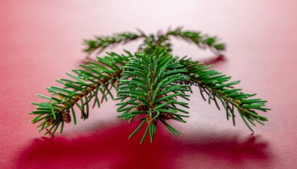 Green coniferous branch rests on a surface with a red gradient, casting a shadow that is visible below the branch