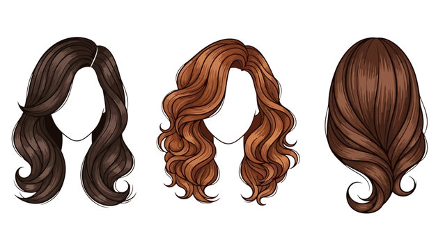 Three illustrated long wavy hairstyles in different shades of brown and auburn, suitable for character design or fashion concepts.