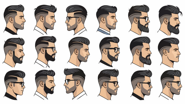Collection of diverse male profiles showcasing modern hairstyles and various beard styles with and without glasses, in an illustrative vector art style.
