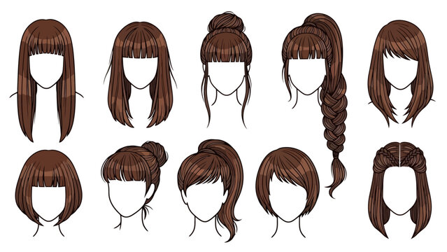 Collection of diverse female hairstyles, showcasing various cuts, updos, and braids in a brown hair color palette.