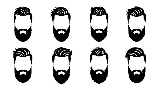 Eight black and white silhouettes showcasing different men's beard and hairstyle combinations, emphasizing various modern male grooming trends.