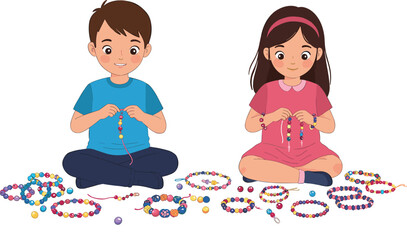 Cute boy and girl making colorful bead necklaces creative learning activity cartoon vector illustration for kids education isolated background