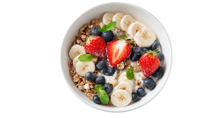 A fresh breakfast bowl of healthy muesli and yogurt topped with sweet strawberries, blueberries, and raspberries makes a delicious meal for a balanced diet