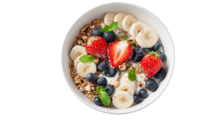 A fresh breakfast bowl of healthy muesli and yogurt topped with sweet strawberries, blueberries, and raspberries makes a delicious meal for a balanced diet