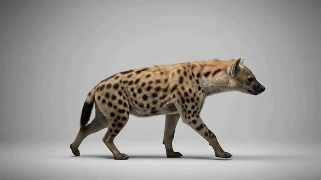 Spotted hyena walking in profile on gray background