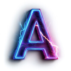 Illuminated Neon Letter &ldquo;A&rdquo; with Blue and Pink Electric Lightning Effect, Futuristic Glowing Typography Isolated on White Background
