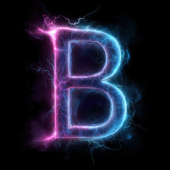 Illuminated Neon Letter &ldquo;B&rdquo; with Blue and Pink Electric Lightning Effect, Futuristic Glowing Typography Isolated on Black Background