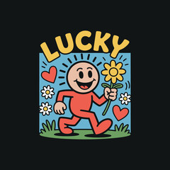 Naklejka premium Lucky smiling cartoon character holding sunflower in retro pop art design running through field of flowers and hearts on black background