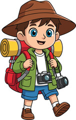 Explorer boy cartoon vector, travel adventure illustration, hiking character design, backpack and camera artwork, outdoor journey scene