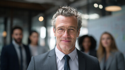 Mature businessman wearing glasses and a grey suit leading a diverse corporate team