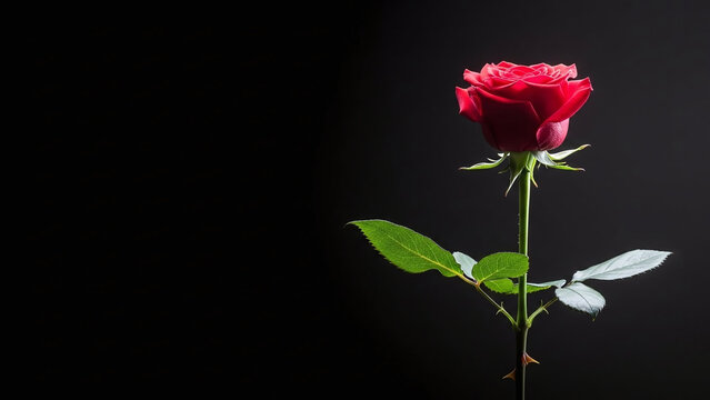 A single red rose blossom with a delicate petal and green leaf stands isolated on a black background as a beautiful floral symbol of love and romance for Valentine's Day