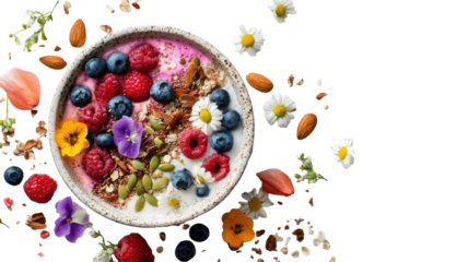 A delicious breakfast bowl of fresh muesli and yogurt is garnished with colorful easter eggs in a nest and sweet red berries for a healthy snack