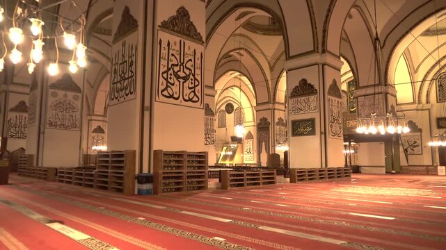 Interior of worlds most beautiful giant historic mosque showcasing sacred Islamic architecture. Ornate patterns, prayer hall, calligraphy, and spiritual atmosphere inside grand masjid.