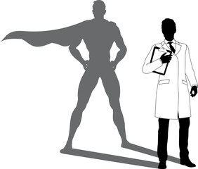 Fototapeta premium A superhero male scientist, engineer, doctor or teacher in a lab white coat man. Revealed by his shadow silhouette as a super hero in a cape.