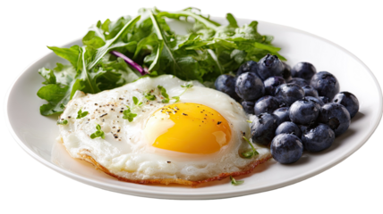 A delicious breakfast plate featuring salad with eggs, fried egg with black olives, and black caviar served with fresh toast, yolk, and green garnish on a white dish