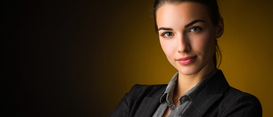Confident businesswoman in grey suit posing against yellow studio background