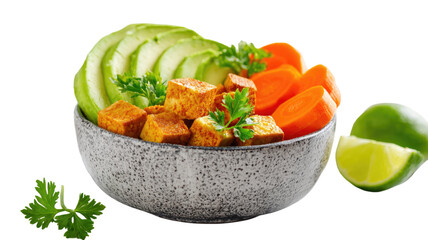 spiced tofu bowl with avocado cucumber carrot lime fresh vegetarian food photography isolated on white background