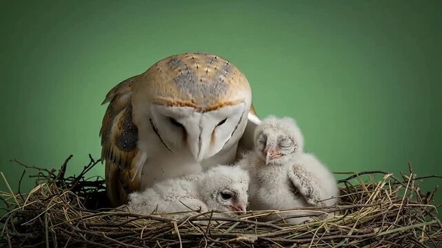 Mother barn owl with adorable baby owlets in cozy nest