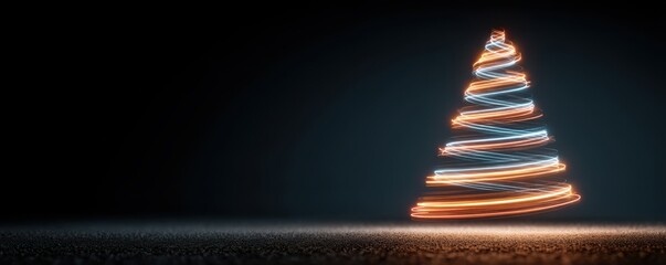 Neon glowing Christmas tree spirals on blue background, a vibrant holiday light display