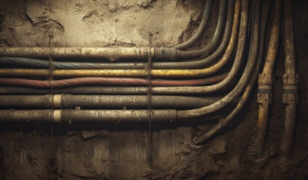 Electrical cables and conduits against textured wall background infrastructure concept