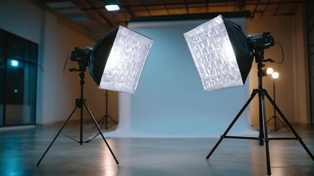 230Macro-style close-up of studio softbox lighting panels on tripods, blank white backdrop in background, polished concrete floor reflecting soft light, photography studio preparation