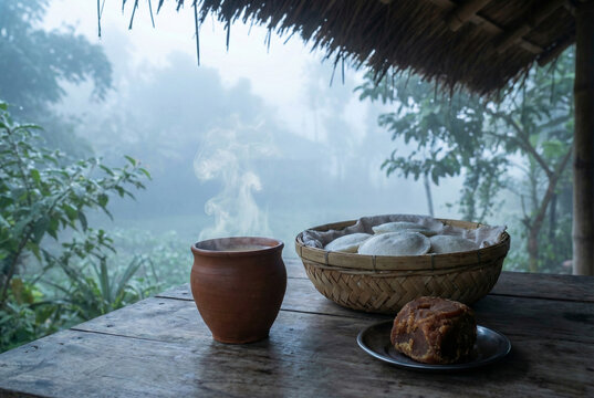 Traditional Bangladeshi Winter Morning Breakfast with Steamed Pitha Rice Cakes and Date Juice in Rural Village
