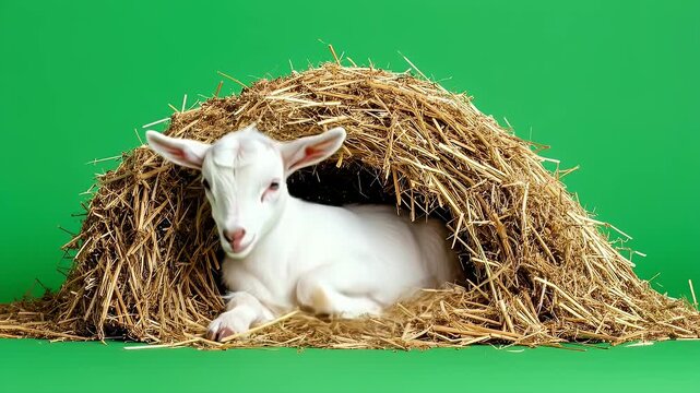 Adorable White Goat Resting Comfortably Inside a Hay Nest.