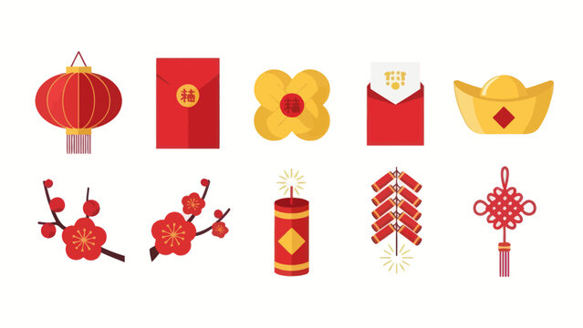 Chinese New Year Icons: Lantern, Red Envelope, Firecrackers, Plum Blossoms, Gold Ingot