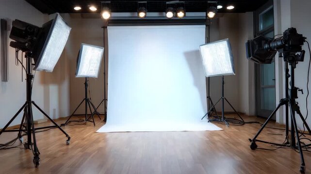 250Detailed interior of photo studio, blank white backdrop on stand, multiple softbox lights positioned for even illumination, cables and equipment arranged neatly, professional creat