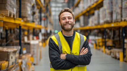 Cheerful warehouse worker in yellow safety vest standing in storage aisle