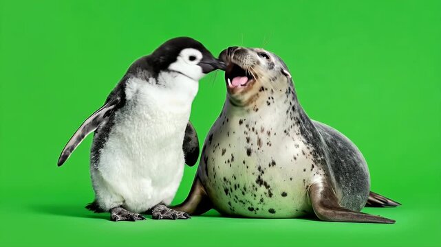 Adorable penguin and seal friends posing together on a green background.
