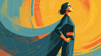 Heroic woman silhouette illustration in vibrant yellow and blue colors