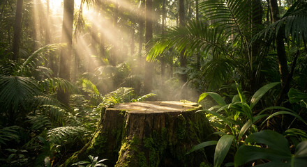 Magical Rainforest Sunlight Illuminating Mossy Tree Stump Product Display Stage