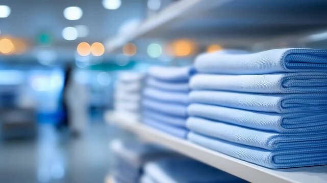 267Close-up of neatly folded light blue surgical scrubs stacked on a white shelf, soft ambient light reflecting off sterile hospital environment, medical uniforms ready for healthcare