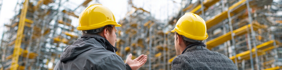 Project managers in hard hats discussing progress at construction site
