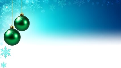 Green Christmas Ornaments Hanging on Strings with Snowflakes in Blue Background