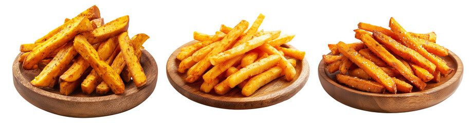 Set of Kumara sweet potato fries with black pepper and herbs on wooden plate, on white, concept of New Zealand fast food snack