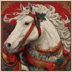 Obraz premium White horse with red and gold ribbons, holly accents, and ornate border in festive illustration