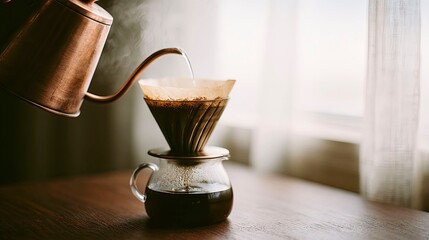 Copper Kettle Pouring Water Over Coffee Filter in Bright Room