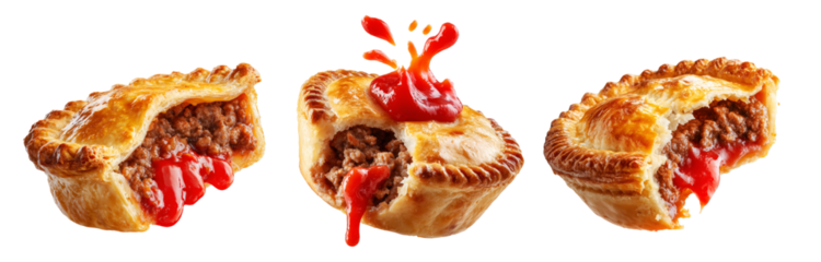 Set of Australia meat pie filled with minced meat  and topped with ketchup, isolated on white transparent background
