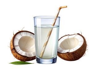  Coconut Water Glass with Halved Coconut and Straw, Three-Quarter Angle, Isolated on Transparent Background