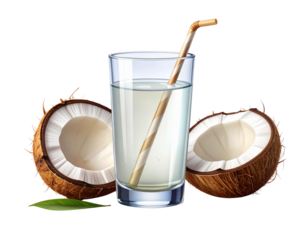  Coconut Water Glass with Halved Coconut and Straw, Three-Quarter Angle, Isolated on Transparent Background