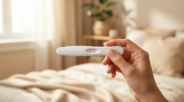 Woman Hand Holding Positive Pregnancy Test with Two Lines Result in Bedroom