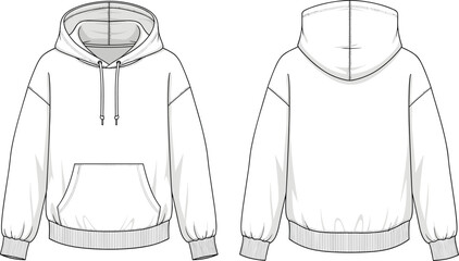 Hoodie mockup front and back, fashion flat, technical apparel illustration, blank pullover sweatshirt, vector template for branding and printing design