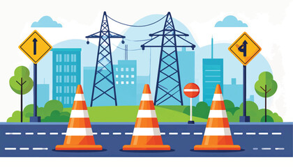 Road construction site with traffic cones and signs © devilito